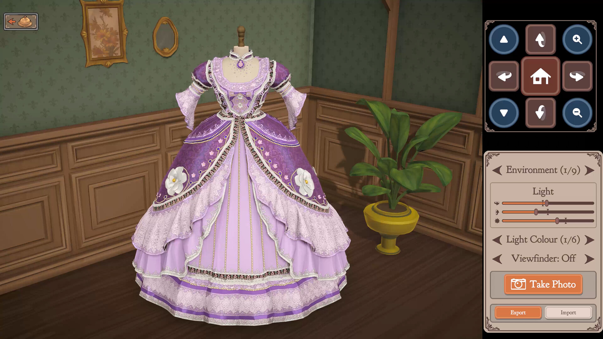 Official Dressmaker screenshot: a purple and pale-lilac layered gown on a mannequin, with flower-shaped ornaments and trim, beside photo-mode controls.